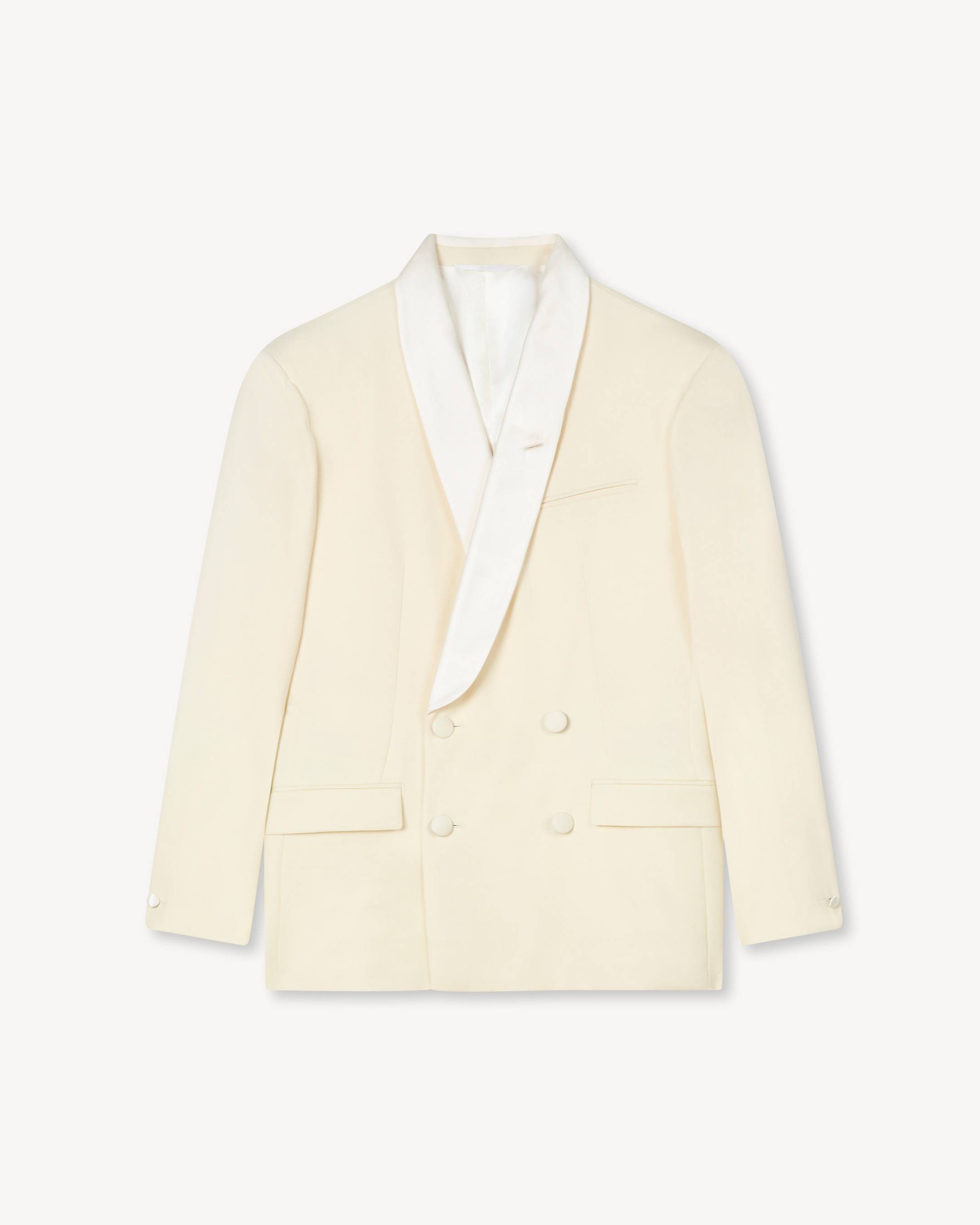 Shawl lapel double breasted tailored jacket in virgin wool | Men's