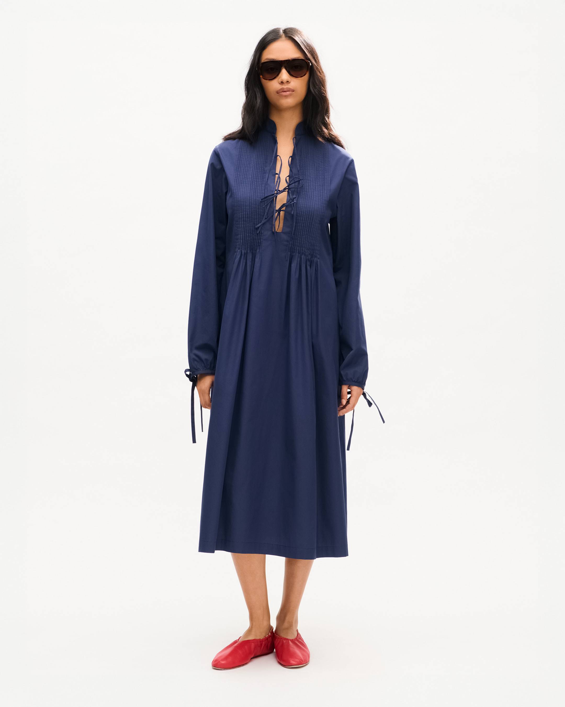 Long sleeve midi dress in light cotton poplin