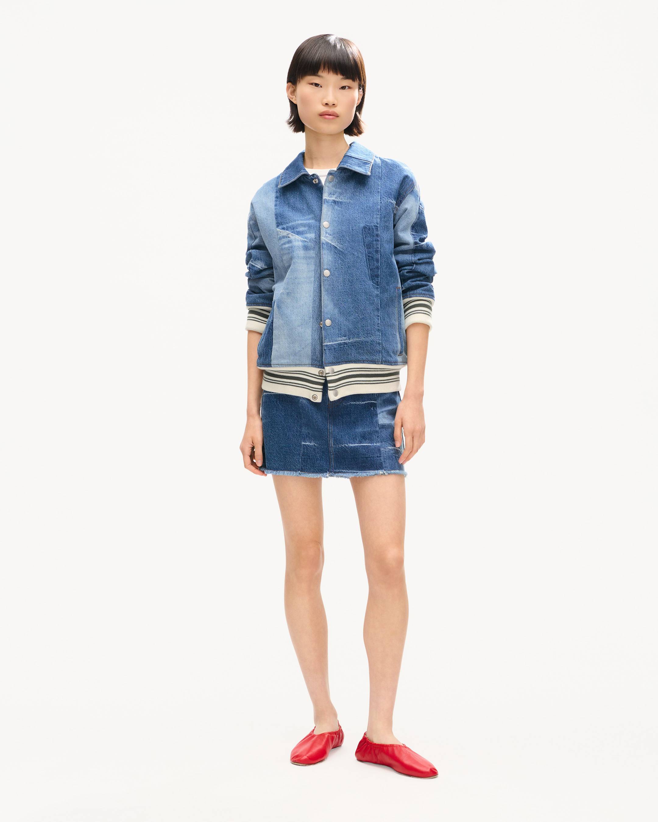 Genderless patchwork blouson in japanese denim