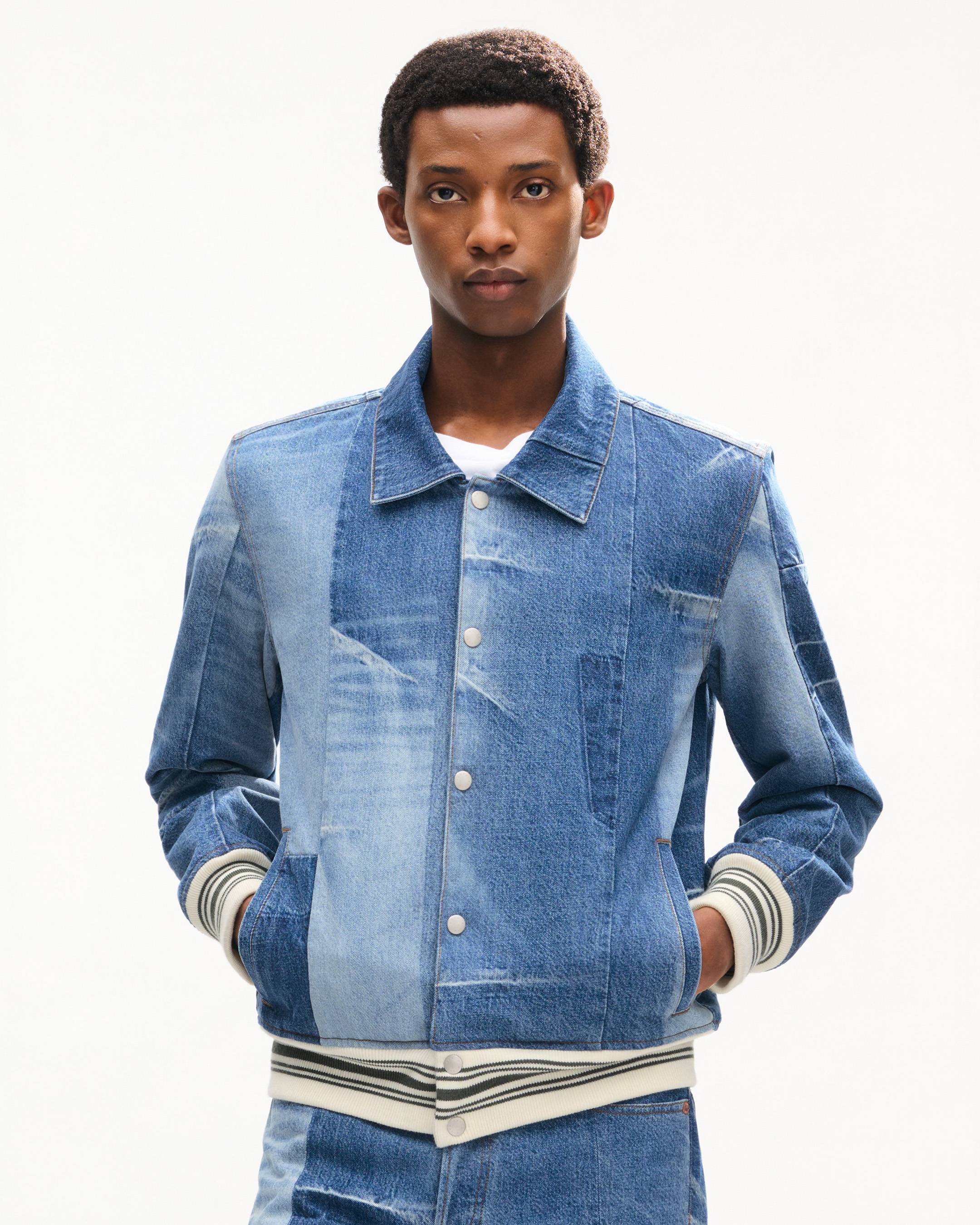 Genderless patchwork blouson in japanese denim