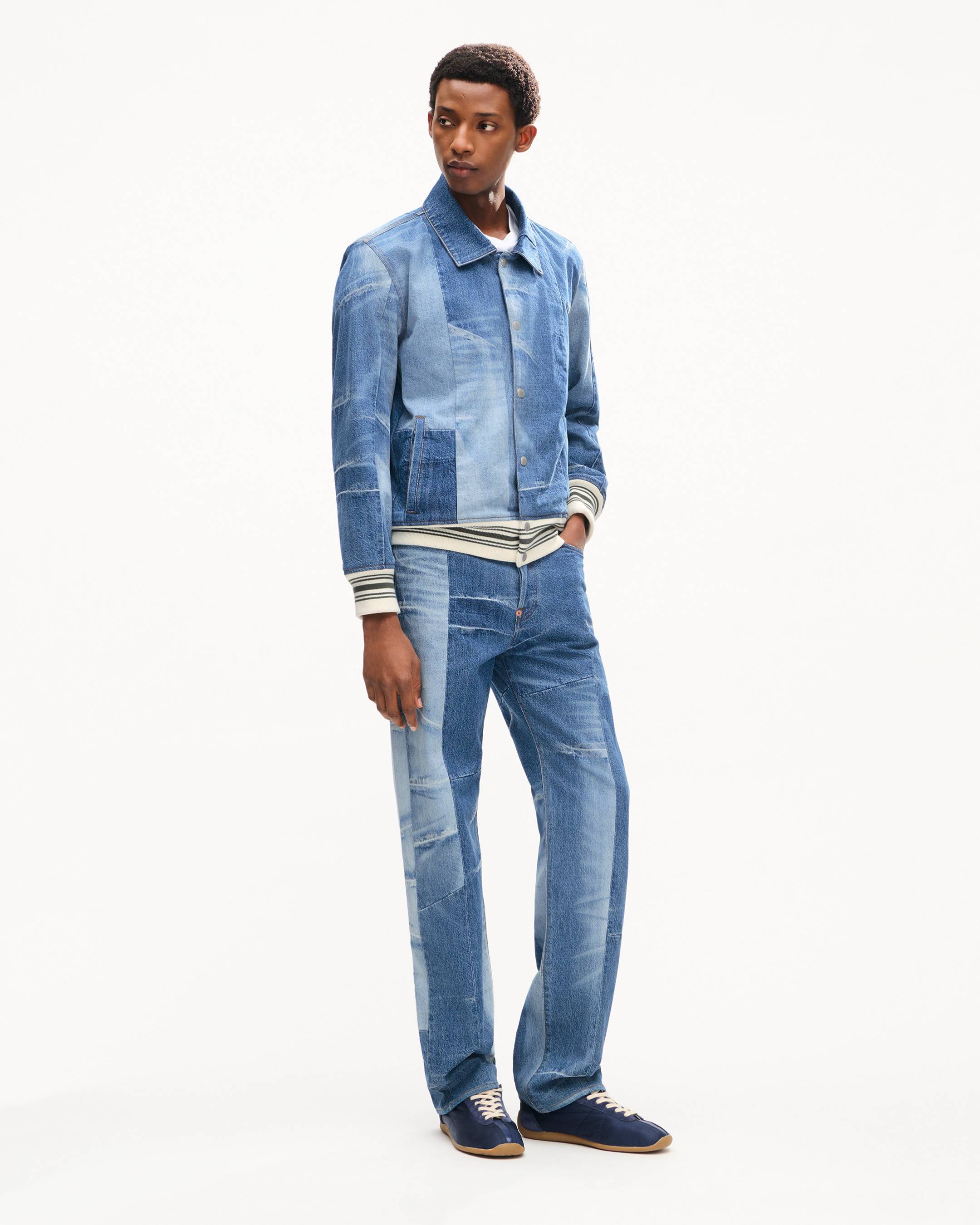 Genderless patchwork blouson in japanese denim