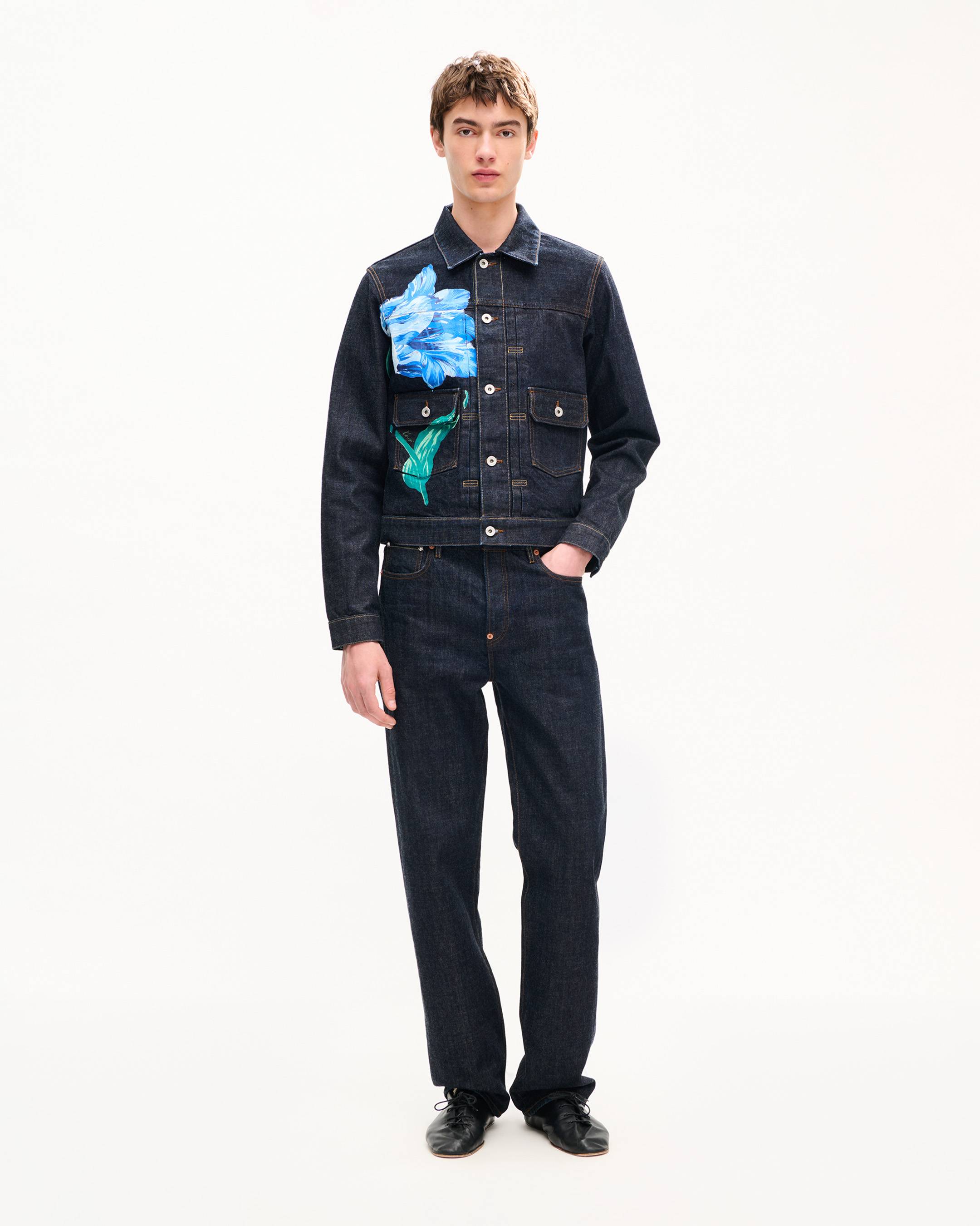 Veste trucker pliss&eacute;e cropped 'KENZO Tulip' en denim japonais