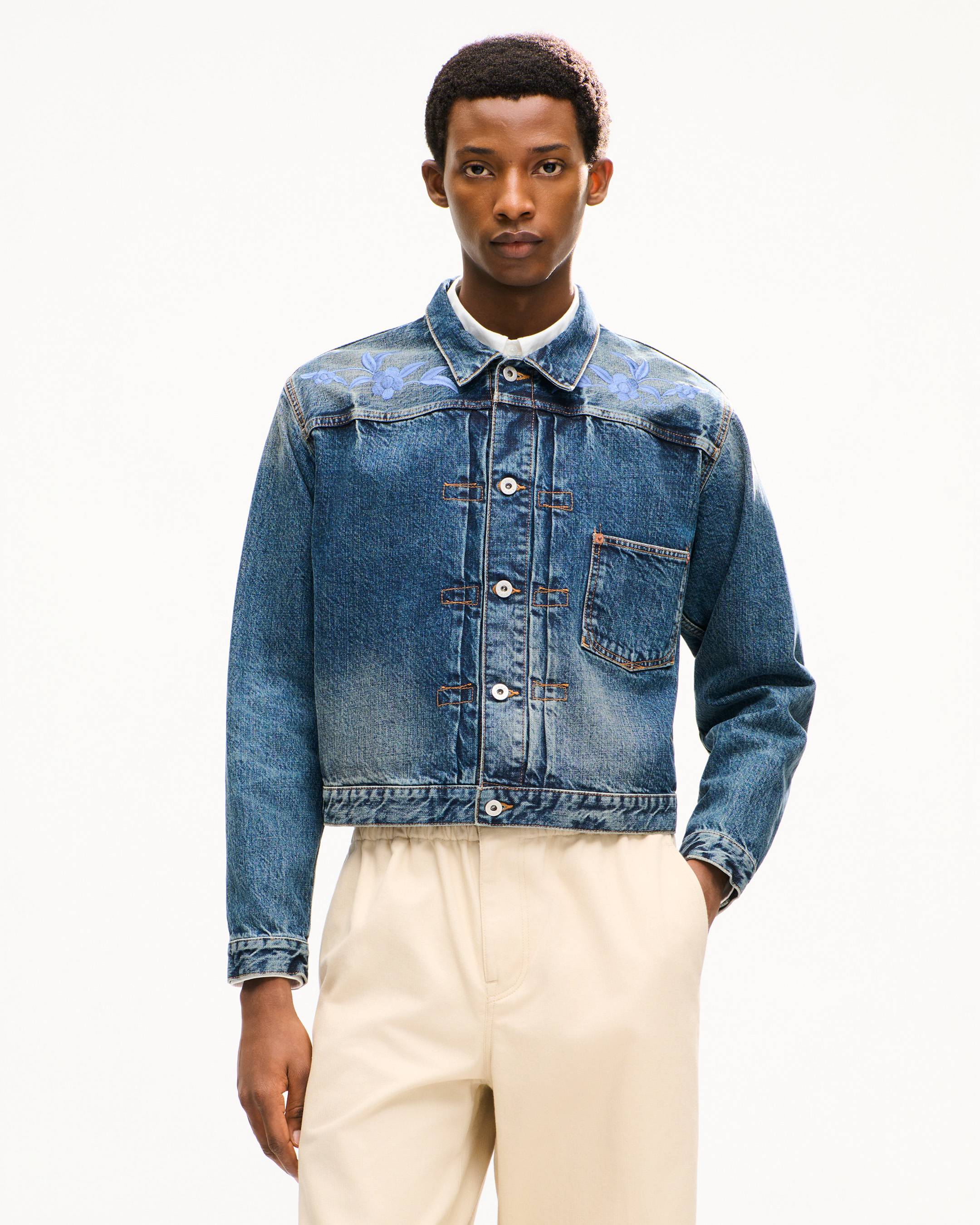 KENZO Wildflower' cropped pleated trucker jacket in japanese denim