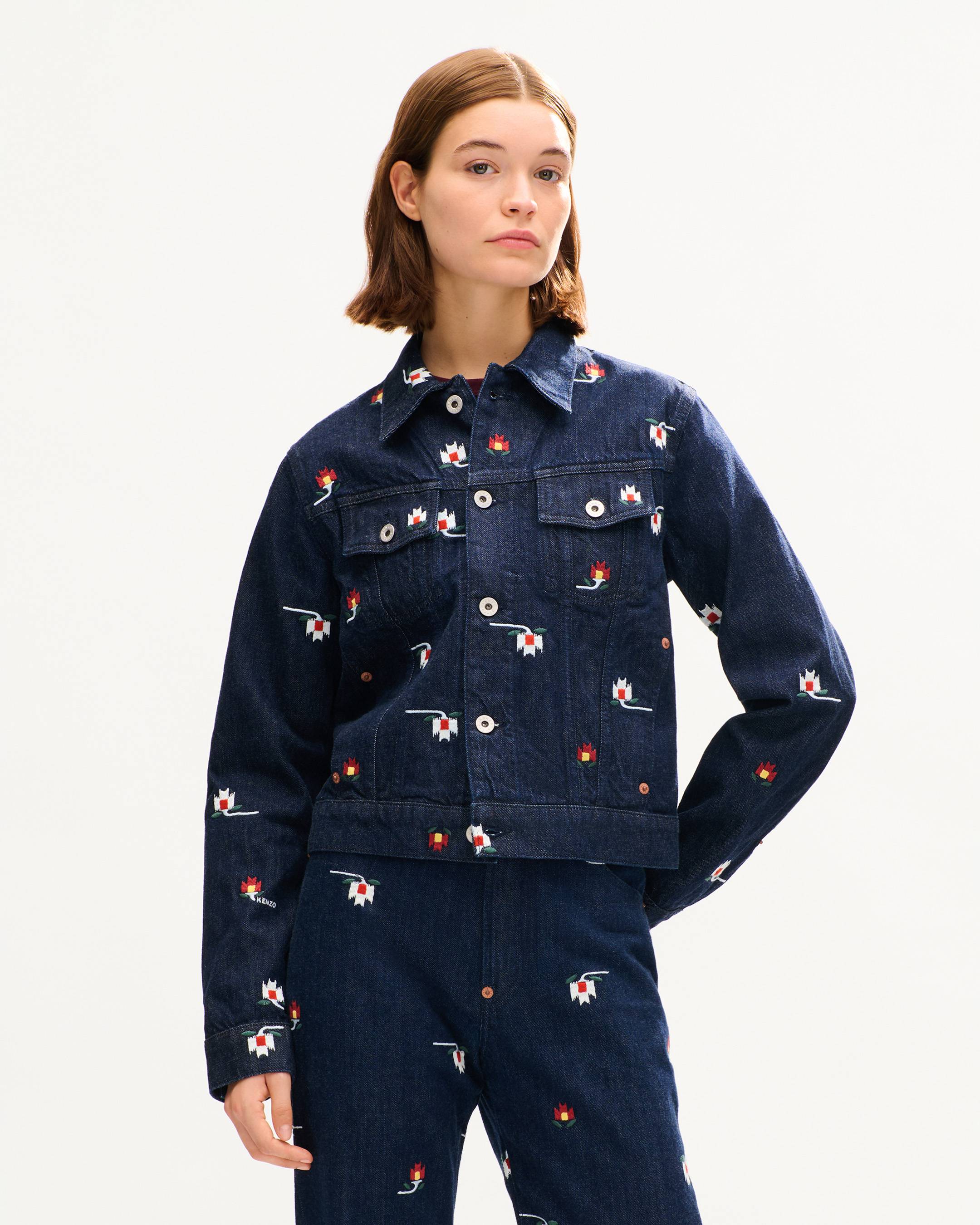 Giacca trucker aderente in denim giapponese 'KENZO Ikat Flower'