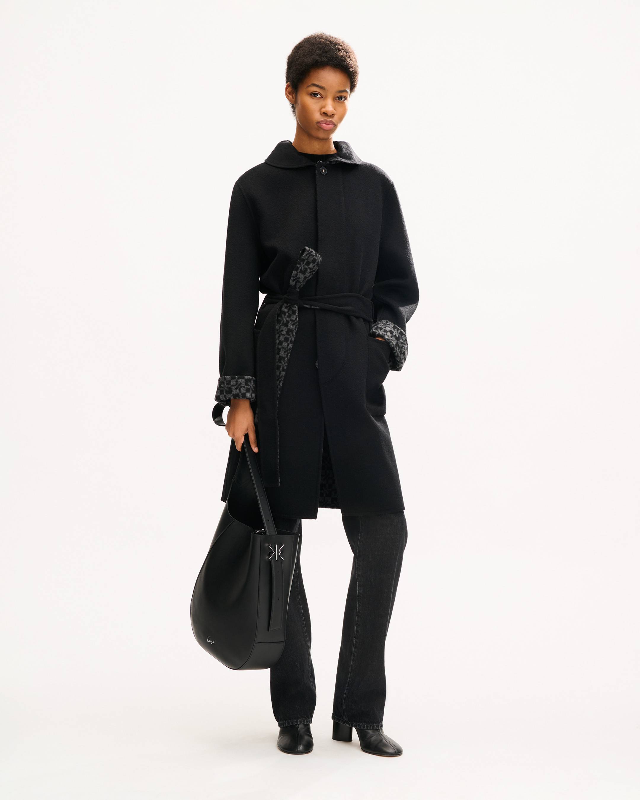Cappotto double face con cintura in lana