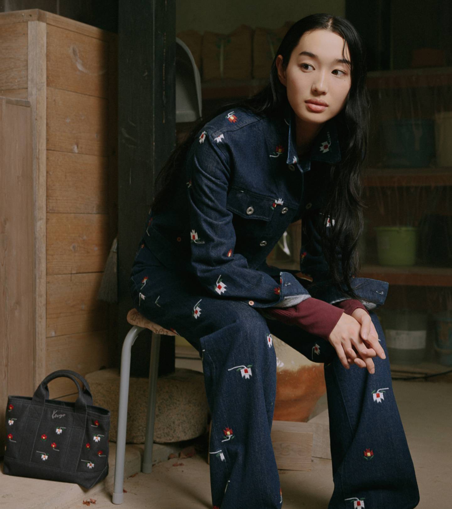 'KENZO Ikat Flower' fitted trucker jacket in japanese denim