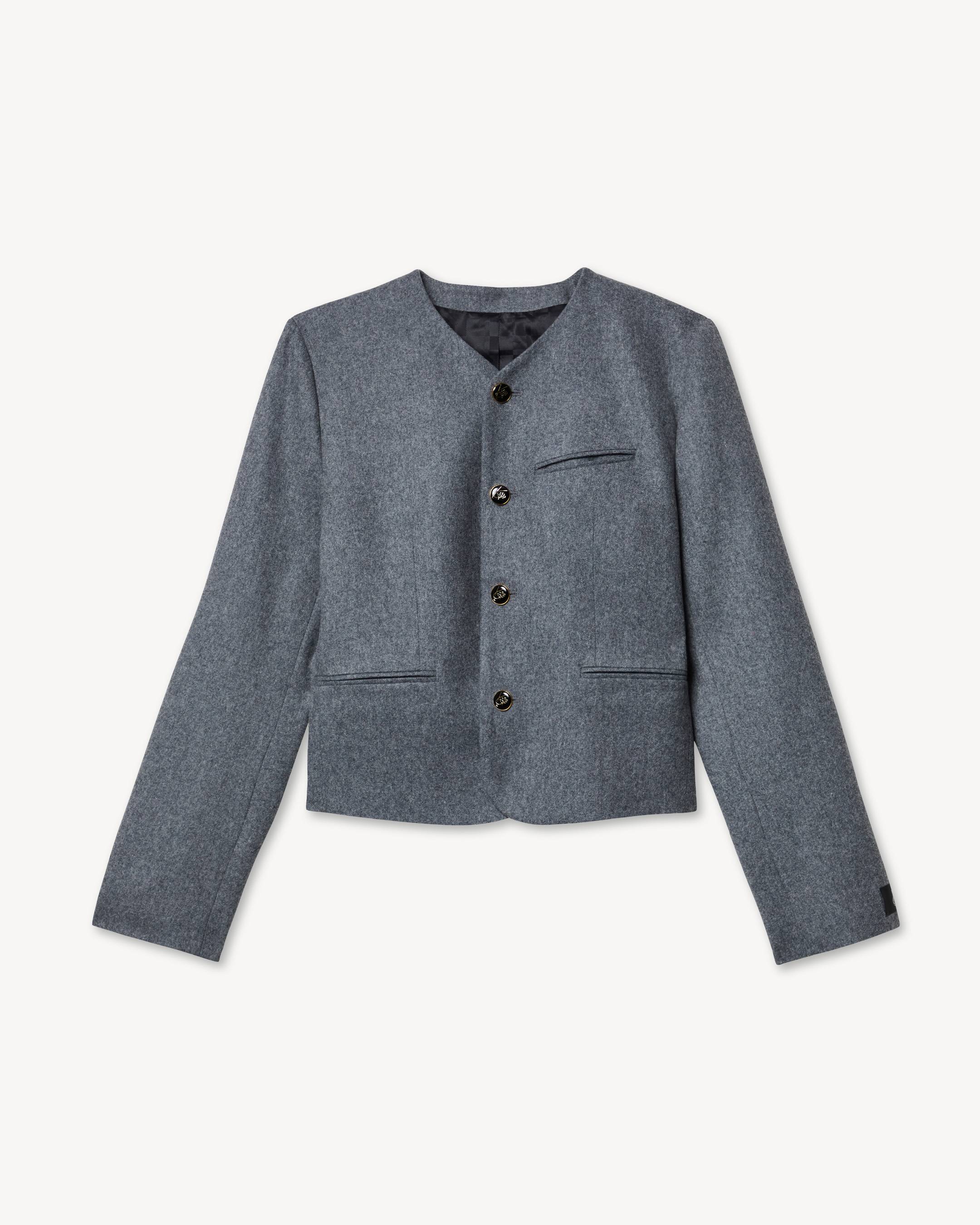 Fitted collarless jacket in mixed wool