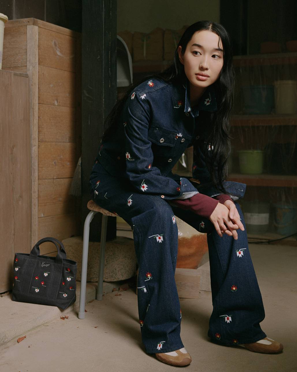'KENZO Ikat Flower' fitted trucker jacket in japanese denim