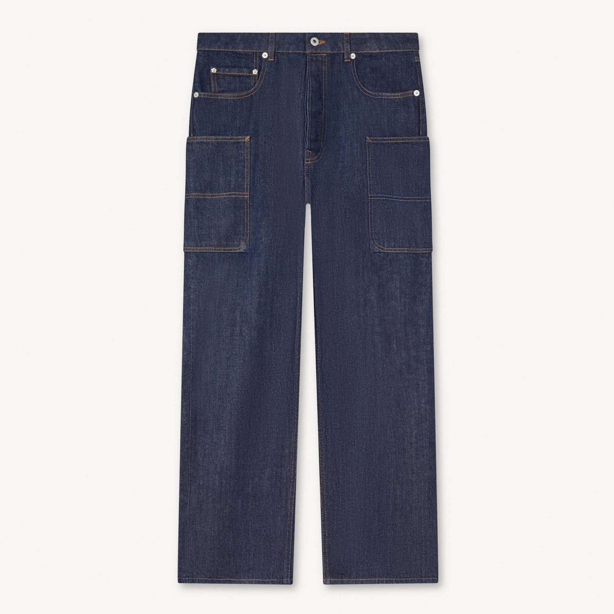 KENZO Cargo Monkey Fit Jeans In Japanese Denim, Man, Rinse Blue Size 35, Leather