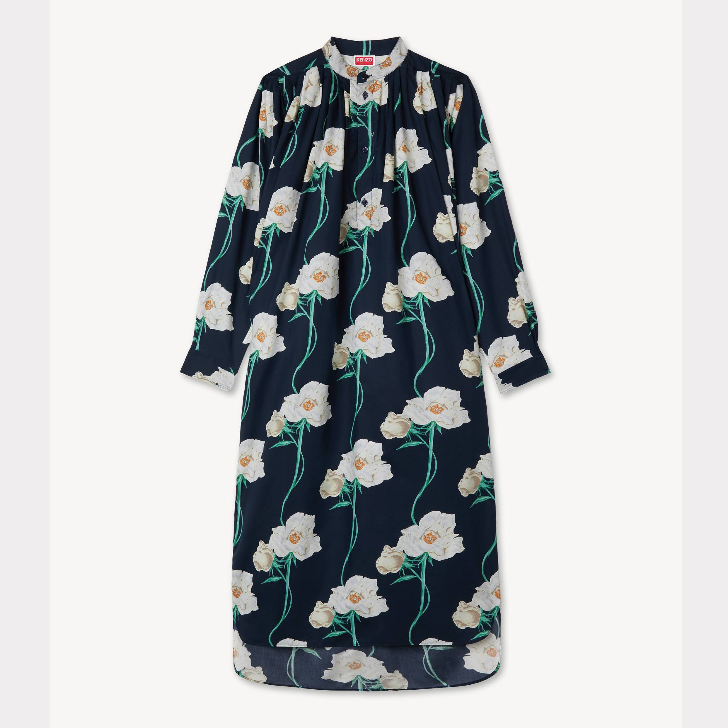 KENZO ' Archive Pink' Oversized Pleated Long Dress In Coton And Slik, Woman, Navy Blue, Size Xl, Cotton