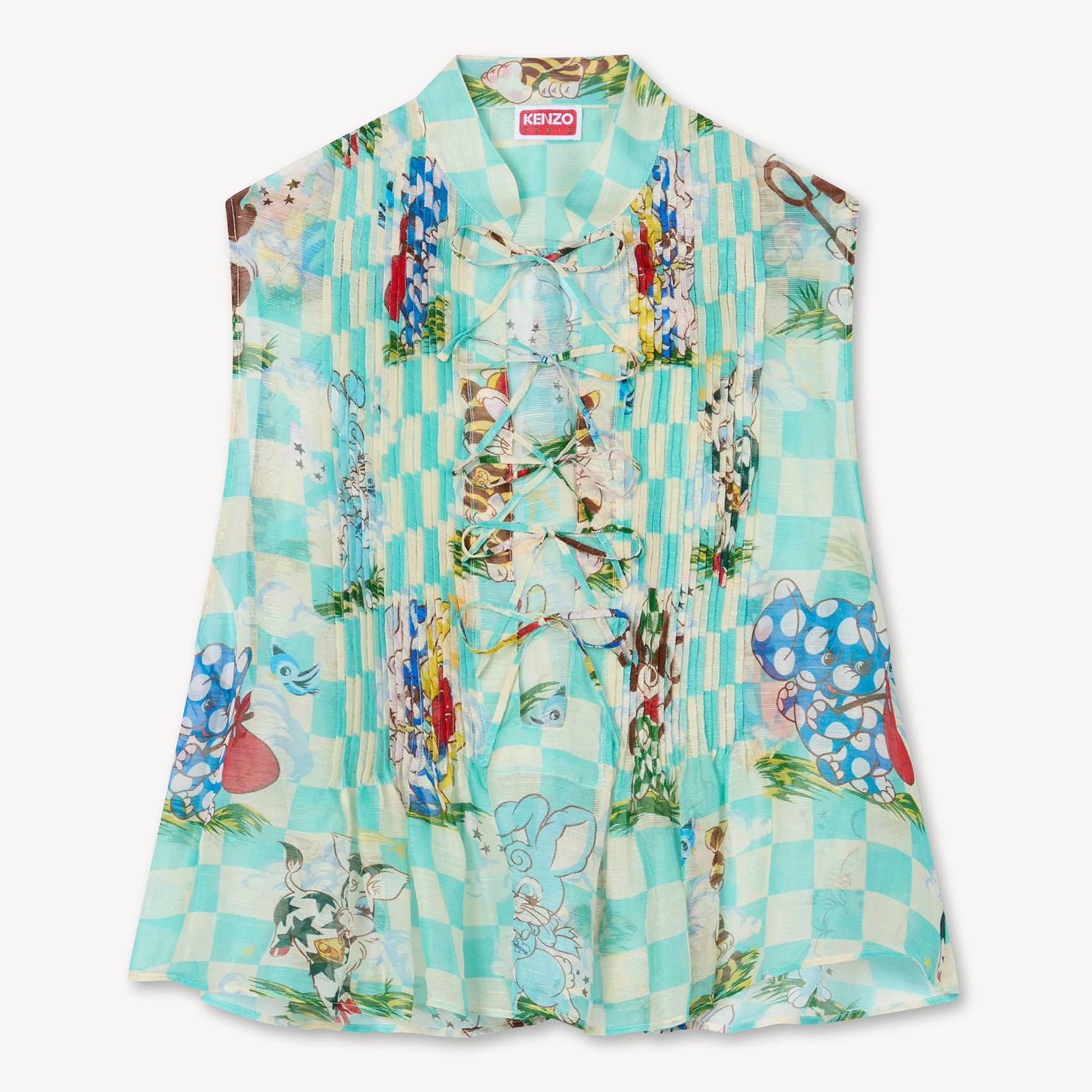 KENZO ' Cartoon' Sleeveless Top In Mixed Silk Linen, Woman, Aqua, Size 34,