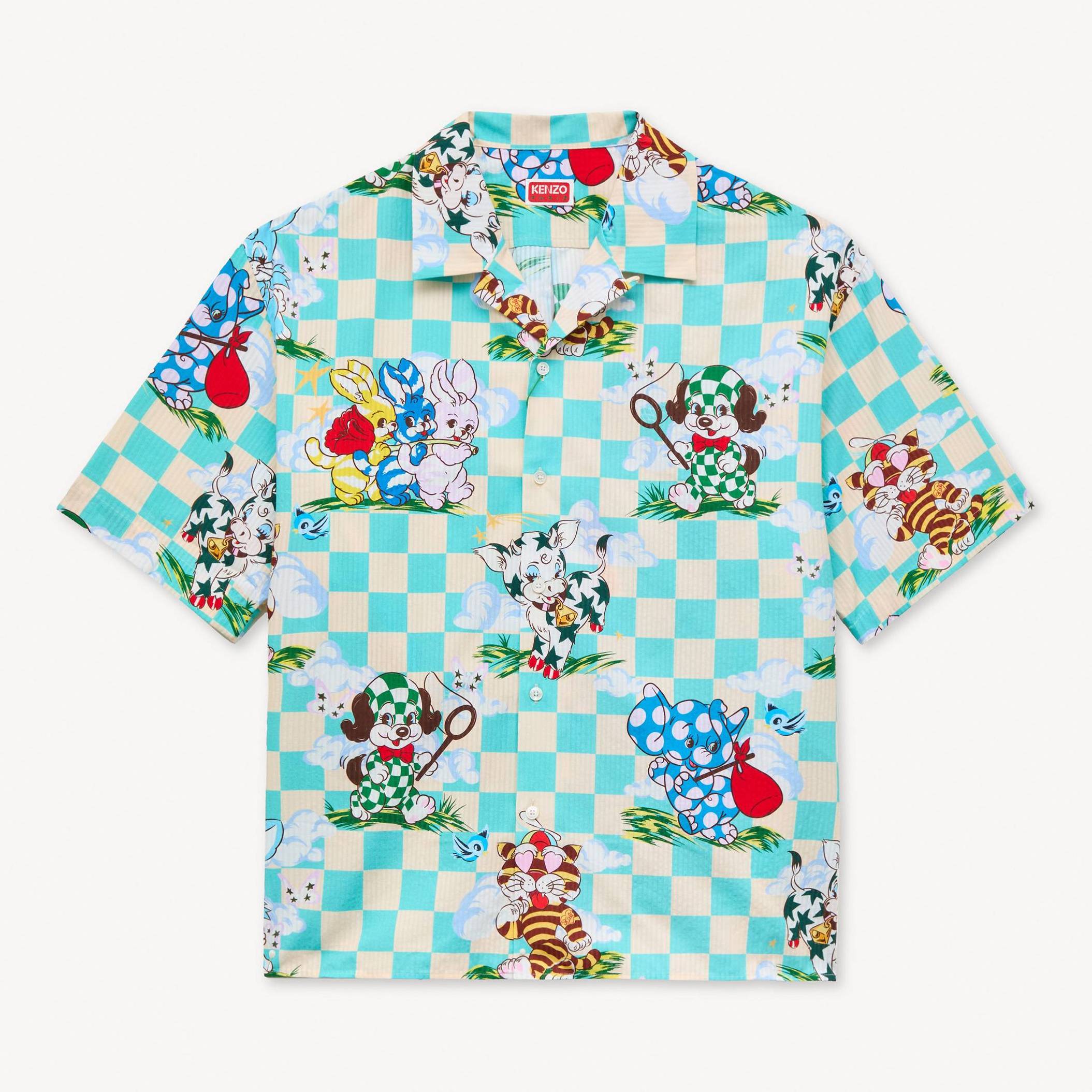 KENZO ' Cartoon' Hawaiian Short Sleeve Shirt Seersucker, Man, Aqua, Size Xl,