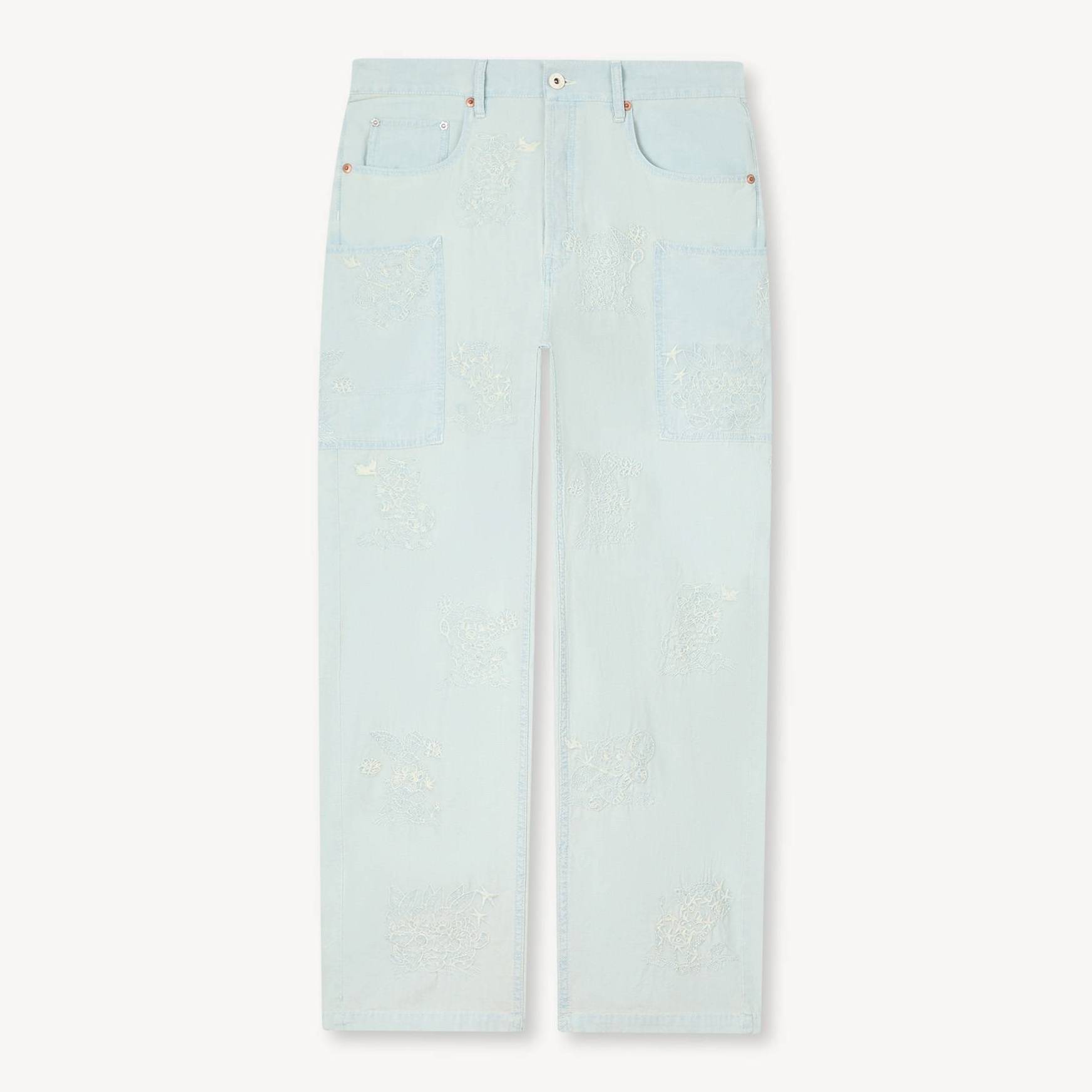 KENZO ' Cartoon' Embroidered Cargo Monkey Fit Jeans In Stone Bleach Chambray, Man, Bl Dirty Blue Denim, Size 30, Denim