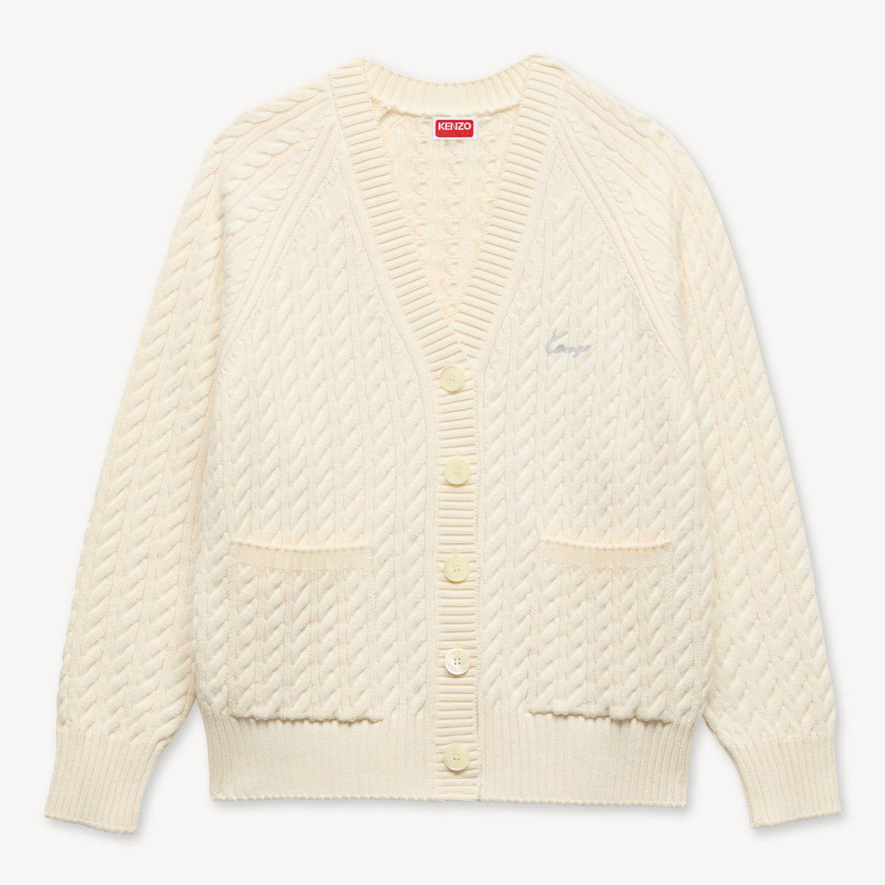 KENZO 'Kenzo Signature' Embroidered Loose Knit Cardigan In Cotton Wool, Off White, Womens , S