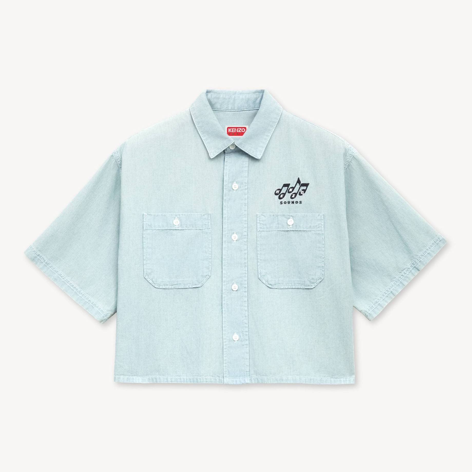 KENZO ' Sounds' Light Short Sleeve Shirt In Washed Chambray, Woman, Stone Bl Dirty Blue Denim, Size L, Cotton
