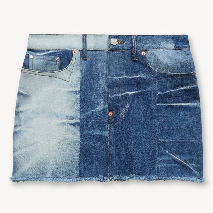 KENZO Patchwork Short Skirt In Japanese Denim Stone Bleached Blue - Womens Size 27