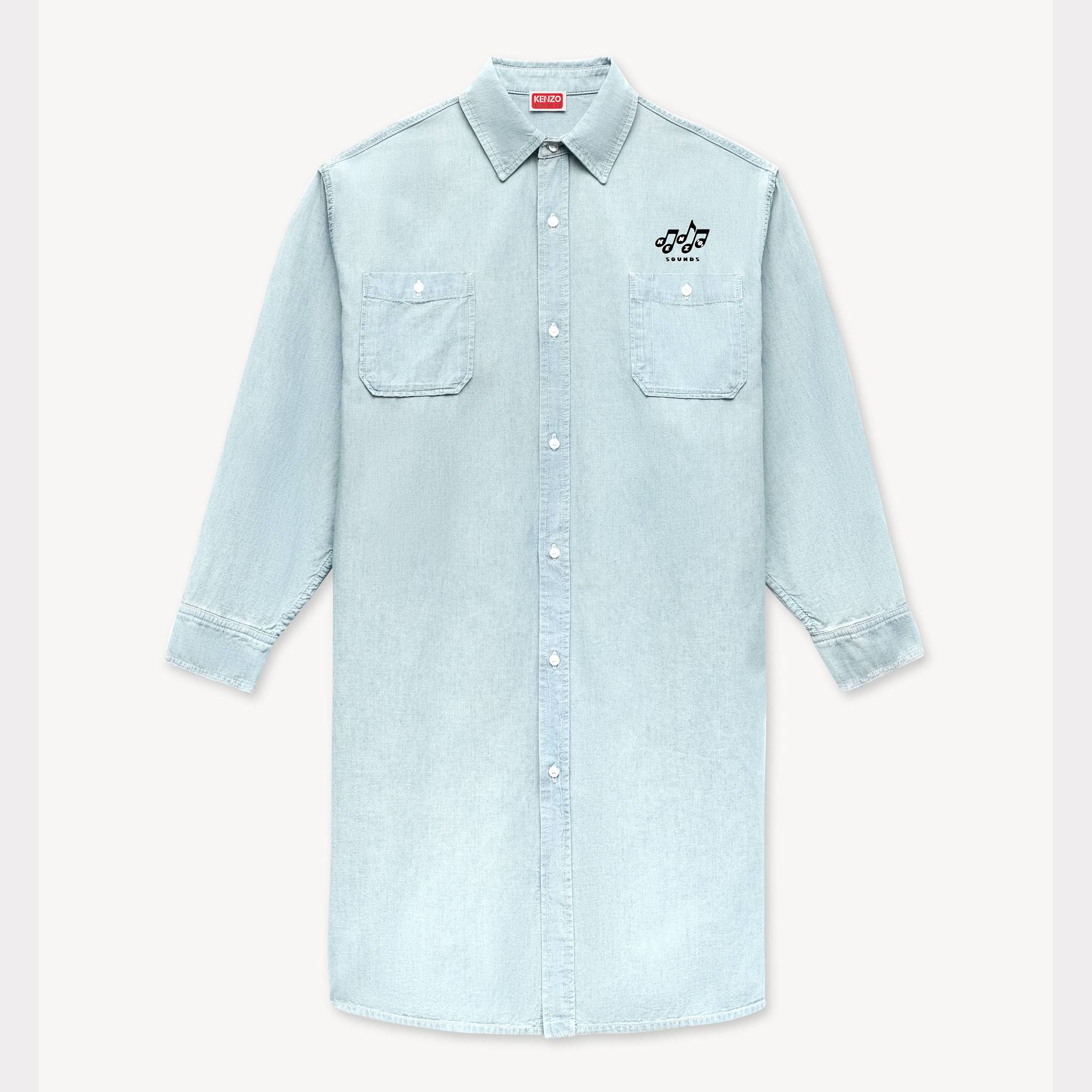 KENZO 'Kenzo Sounds' Oversized Shirt Dress In Washed Chambray Stone Bl Dirty Blue Denim - Womens Size L