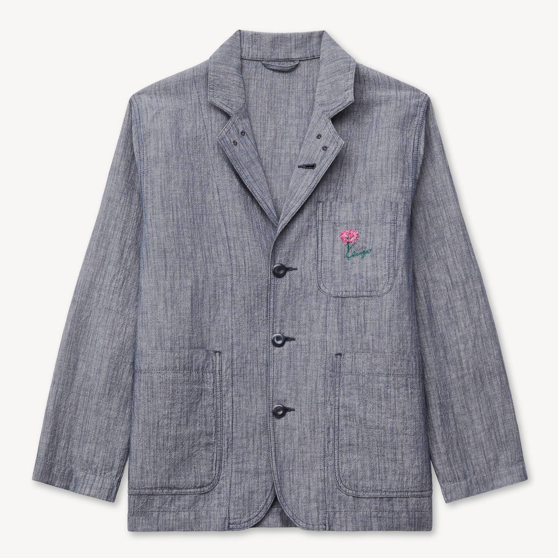 KENZO ' Tulip' Light Workwear Jacket In Washed Mixed Linen Denim, Woman, Blue Black, Size L, Denim