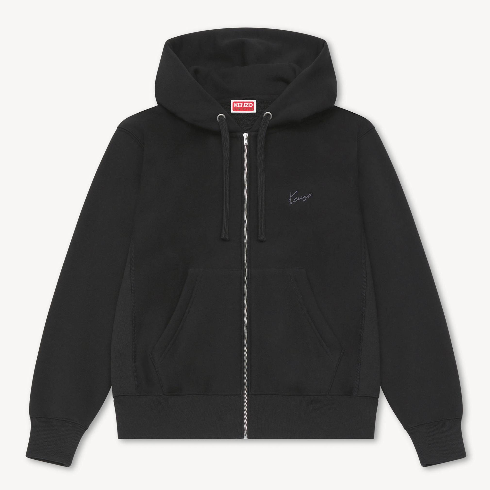 KENZO ' Signature' Embroidered Zip-up Hoodie , Woman, Black, Size S, Cotton