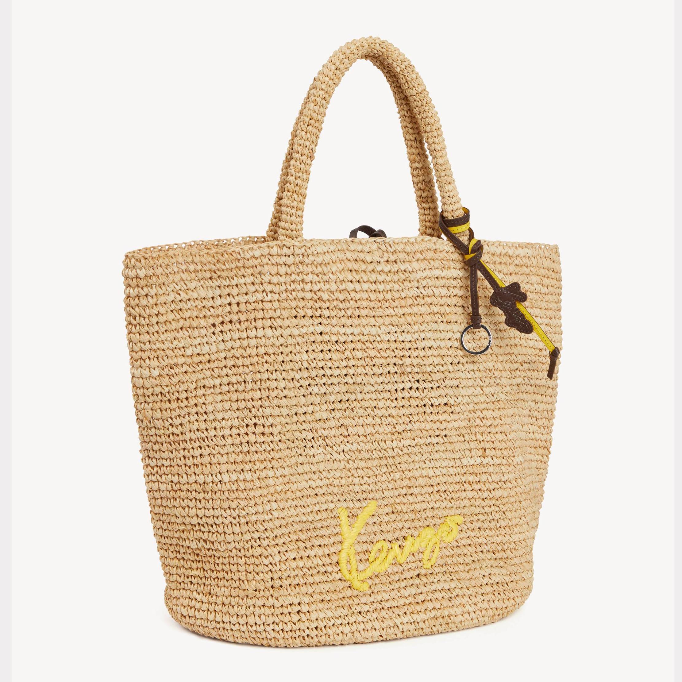 KENZO Large Basket In Raffia, Woman, Dark Beige, Leather