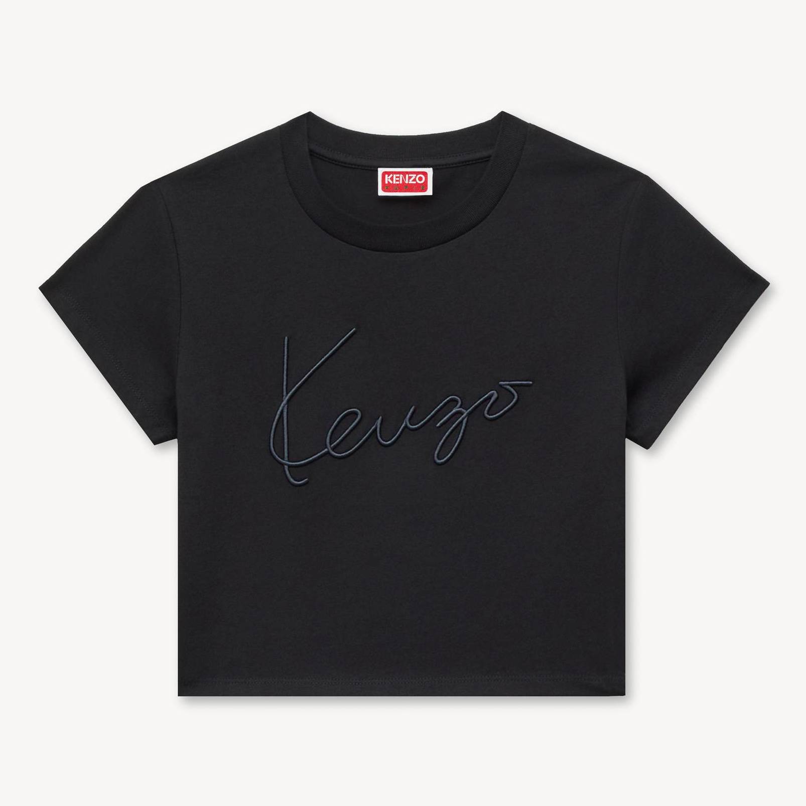 KENZO ' Signature' Embroidered Cropped T-shirt , Woman, Black, Size M, Cotton