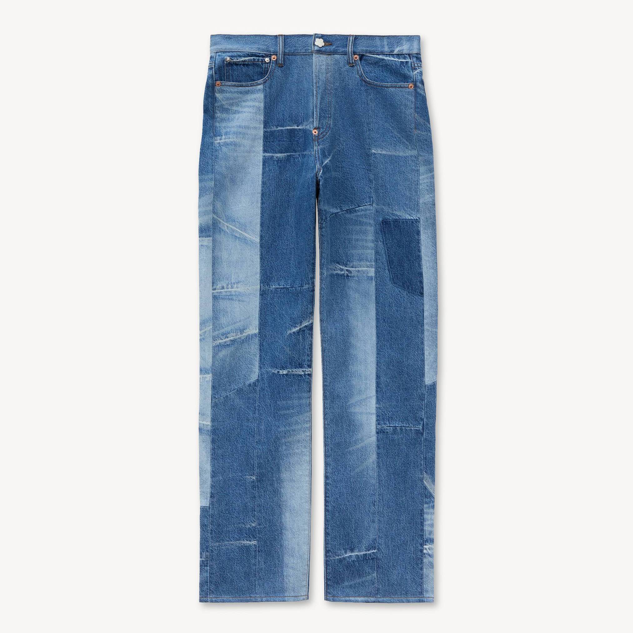 KENZO Patchwork Straight Fit Jeans In Japanese Denim, Man, Stone Bleached Blue Size 30, Leather