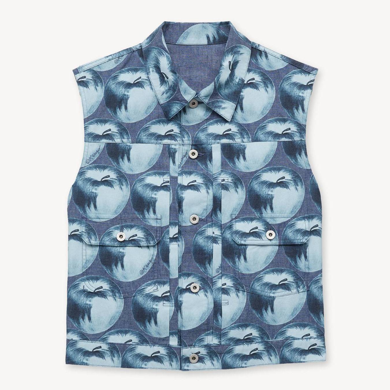 KENZO ' Apple Pop' Cut Off Trucker Vest In Japanese Denim, Unisex, Light Blue, Size M, Leather