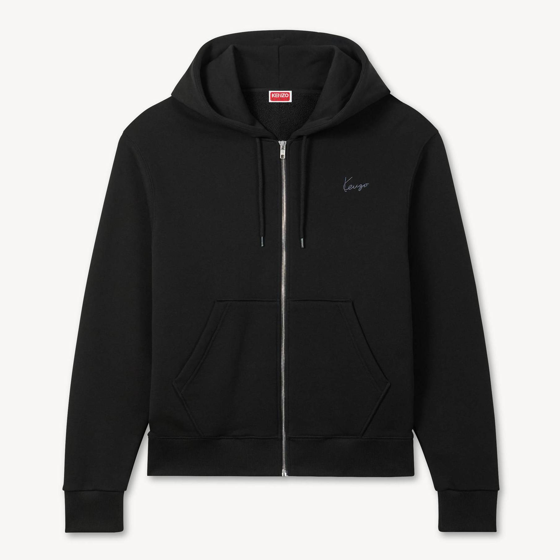 KENZO ' Signature' Embroidered Zip Up Hoodie , Man, Black, Size L, Cotton