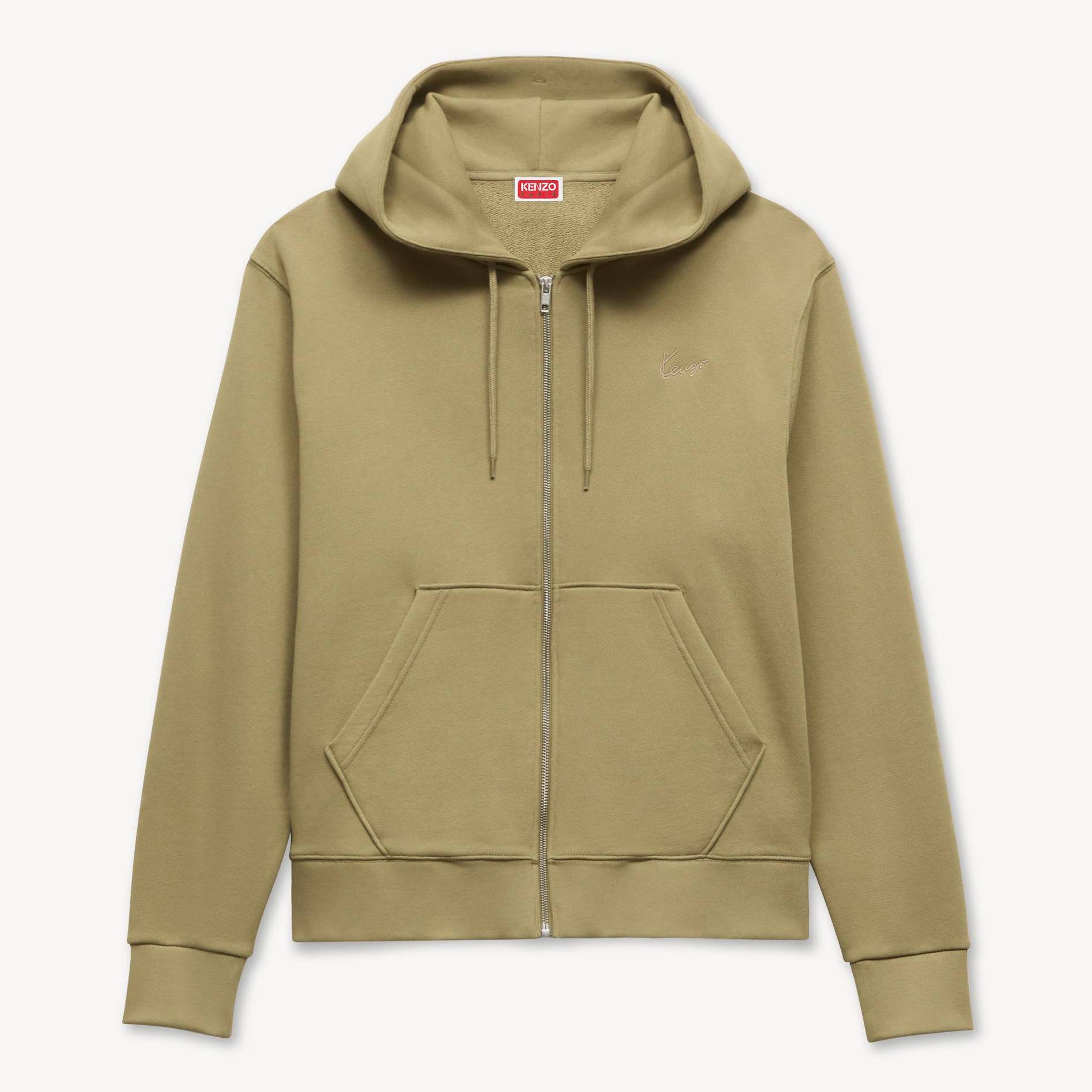KENZO ' Signature' Embroidered Zip-up Hoodie , Man, Khaki, Size Xl, Cotton