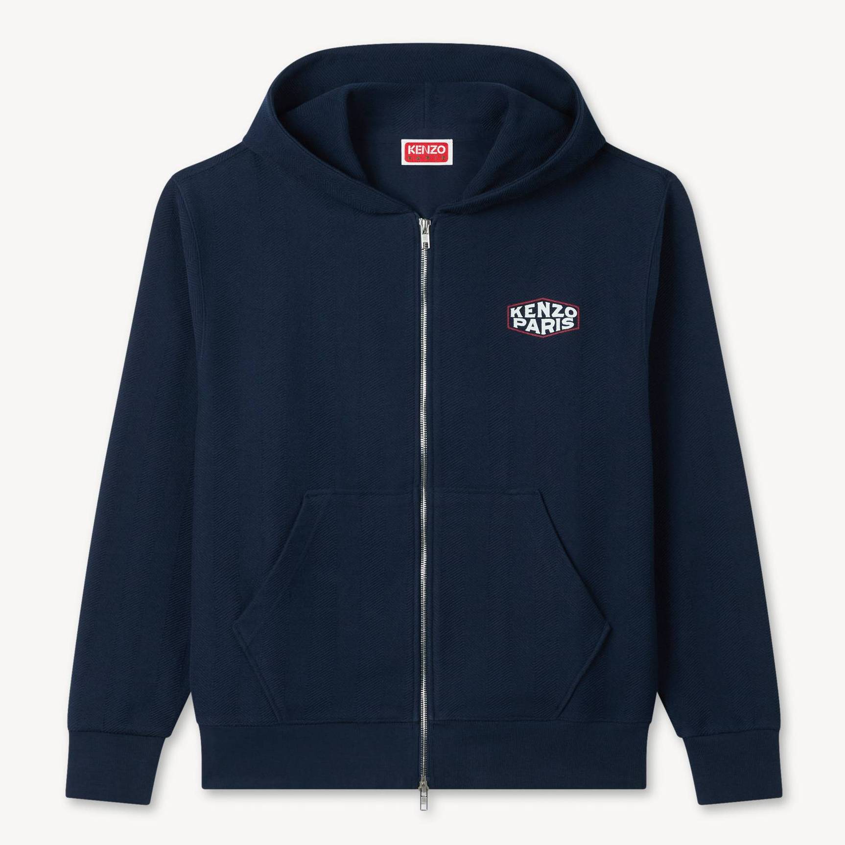KENZO ' Paris Frame' Zip Up Hoodie In Herringbone Cotton, Man, Navy Blue, Size L, Cotton