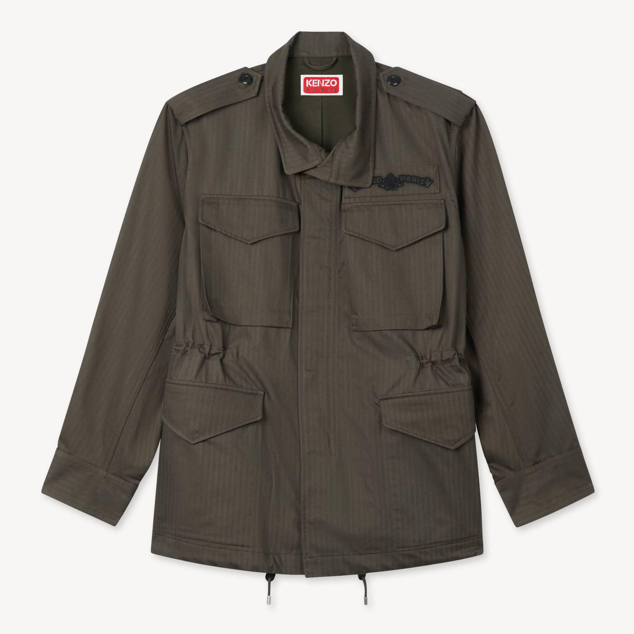 KENZO ' Paris Emblem' Military Jacket In Herringbone Cotton, Man, Stone Gray, Size M, Cotton