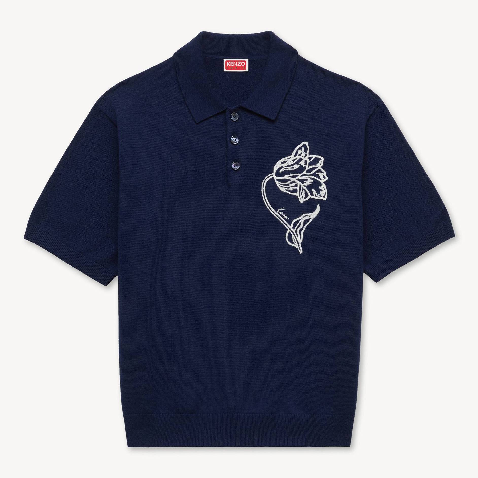 KENZO ' Tulip' Embroidered Polo Wool And Cotton, Man, Blue Black, Size L, Cotton