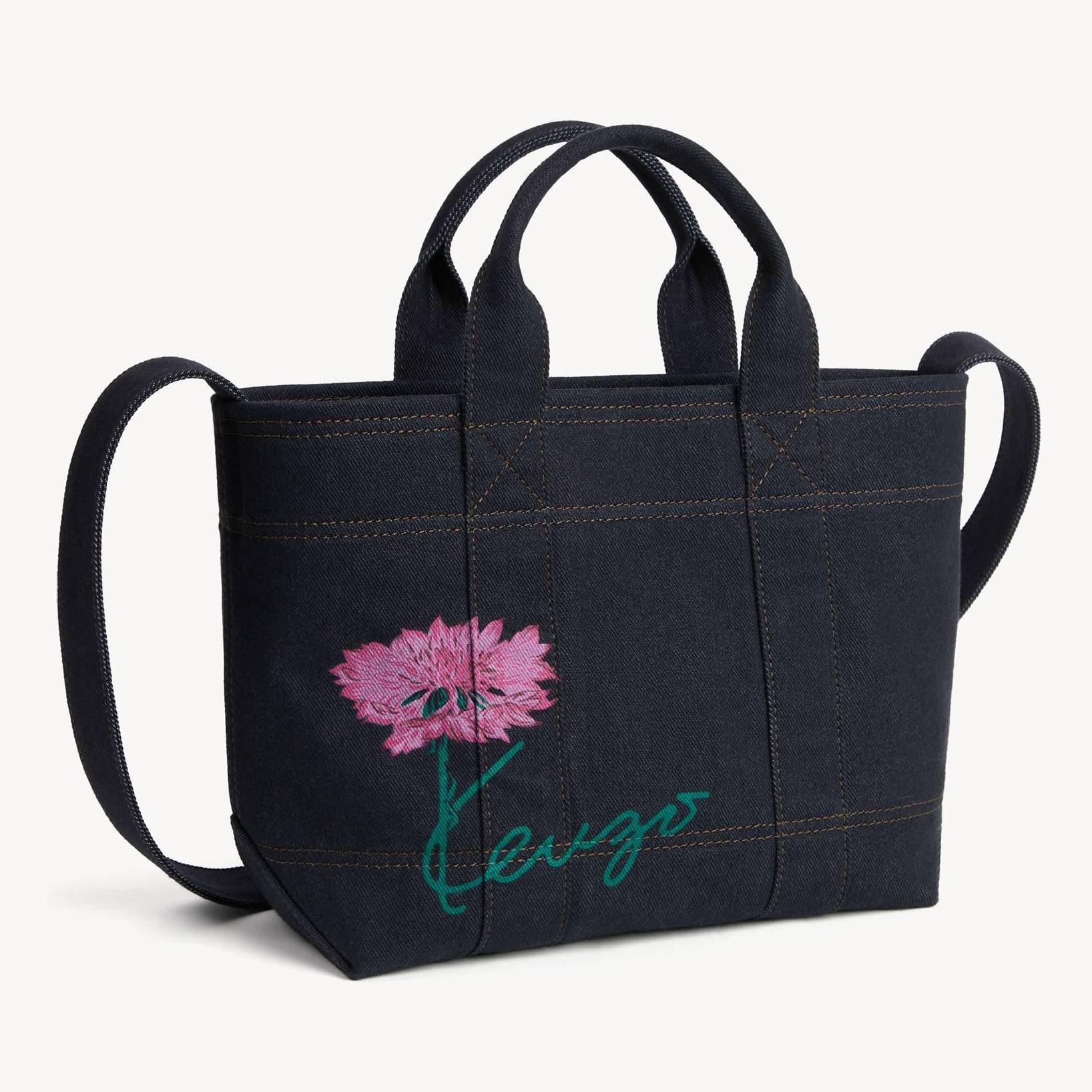 KENZO ' Tulip' Small Tote Bag In Denim-like Twill, Man, Navy Blue, Denim